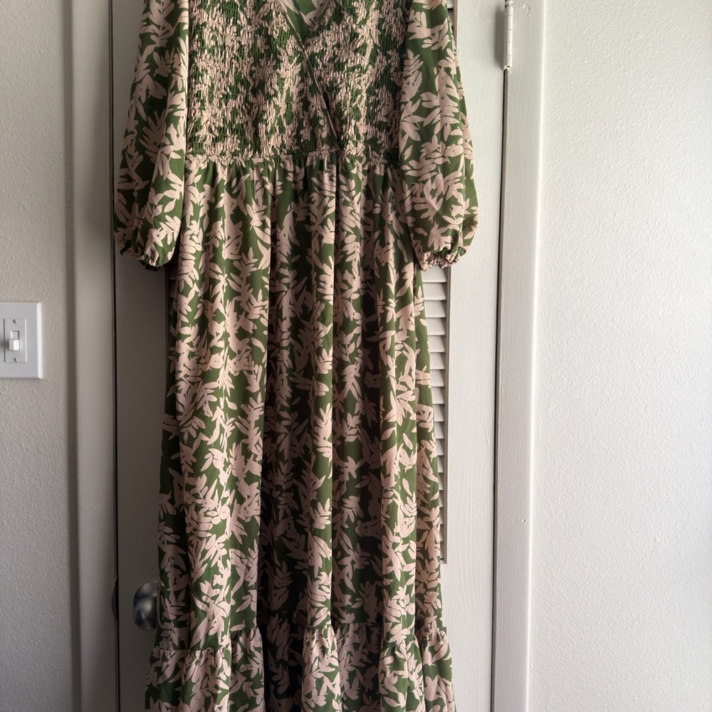 Green and Beige Floral Smocked Maxi Dress
